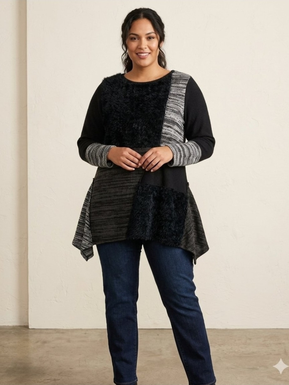 Style & Co. Black and Gray Patchwork Textured Crewneck Sweater